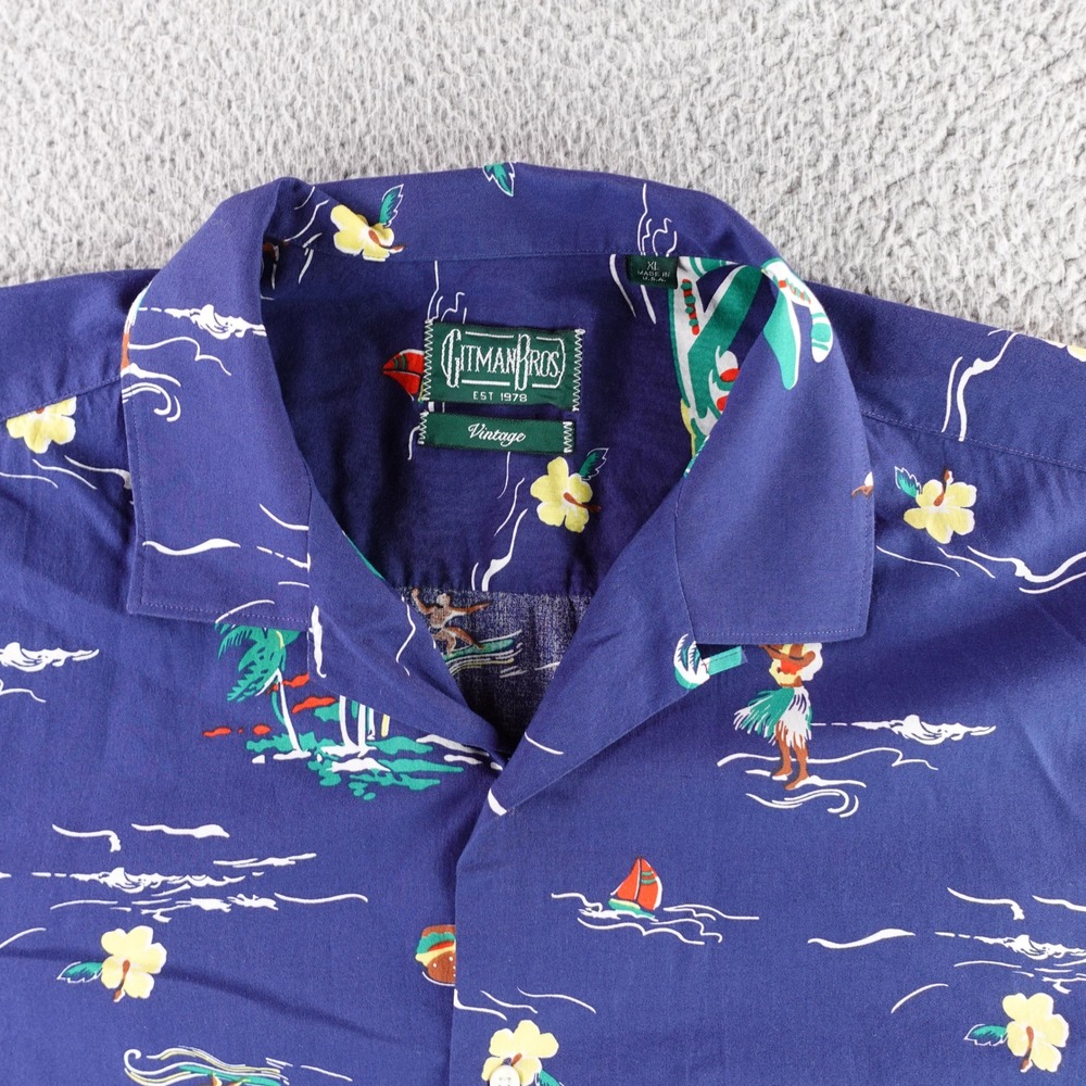 Vintage Gitman Bros Shirt Mens XL Blue Hula Surfer Plane Loop Collar USA